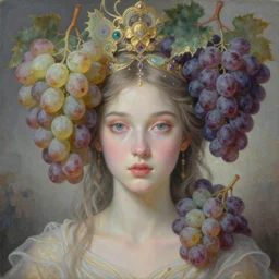 portrait of the beautiful young goddess of grapes, unusual beauty, etheric, outworldly colours, emotionally evoking symbolic metaphors, head in focus, ornamental, intricate, elegant, highly detailed hyperrealistic painting, golden ratio, sharp focus, art by sarah joncas,