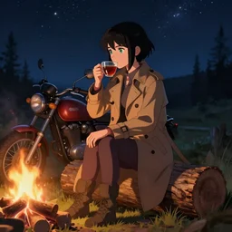 A Houdini 3d VFX anime girl by WLOP with short black hair and green eyes in a tan trenchcoat sitting on a log and drinking tea by the campfire by her motorcycle at night under the stars, evocative, mystical night, very very very very detailed, award winning, masterpiece digital painting by Greg Rutkowski, Alex Grey, artstation, 4k wallpaper