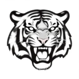 monochrome bright logotype of a fearless tiger head with aggressive mouth, vicious large teeths, a very simple quick sketch in very thin black ink
