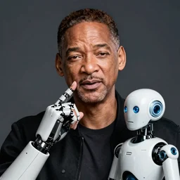 portrait of sad will smith speaking with android robot. centered, dramatic posing. cinematic. dark grey background, hyper detailed, 4 k, high quality, smooth, sharp focus, hyper reealistic, colored