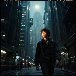 The image is set in a dark, futuristic cityscape. The buildings are tall and imposing, and there is a sense of danger and mystery in the air. The main character is walking through the streets, looking around warily. There is a bright light in the sky, and the character's face is illuminated by it. Panavision C Series Anamorphic Lenses, Eastman Color Negative II 100T 5247/7247 Film