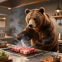 a bear is cooking meat in a restaurant kitchen, digital art, very detailed
