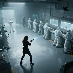 woman wearing all black has shootout with staff, staff wearing hazmat suits, underground lab, sterile, unknown location, birds eye view, epic, light and shadows, concept art