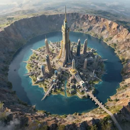 a highly detailed matte painting of futuristic fantasy city built on a large island in the center of a huge meteor crater lake with a river running through it, aerial photography, ultrawide lens, art by john collier and albert aublet and krenz cushart and artem demura and alphonse mucha, volumetric lighting, octane render, 4 k resolution, trending on artstation, masterpiece