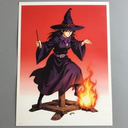glossy old advertising poster of a witch burning at the stake, drawn comic by junji ito, pastels, gradient, red,