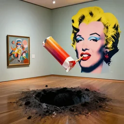 a candybar being sucked into a blackhole in a museum, painting by andy warhol