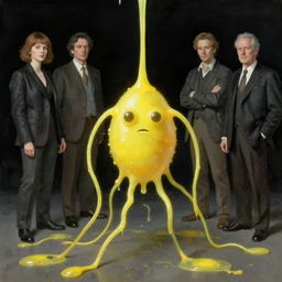 human amoeba by greg rutkowski and magali villeneuve and gerald brom and norman rockwell and gil elvgren, opaque yellow liquid, tendrils, ooze