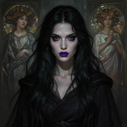 portrait of a dark - haired sorceress, heavy - lidded eyes, purple lipstick, fantasy, cinematic, stunning, highly detailed, digital painting, artstation, soft focus, ominous lighting, evil colors, full body shot, illustration, art by artgerm and greg rutkowski and alphonse mucha