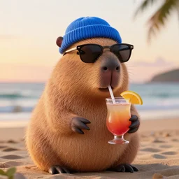 a photorealistic picture of a knitted Capybara wearing sunglasses, a short blue beanie cap and sipping from a cosmopolitan drink at the beach during sunset Trending on Artstation, featured on Behance, well-rendered, fine detail, extra crisp image, Unreal Engine, 4K HD