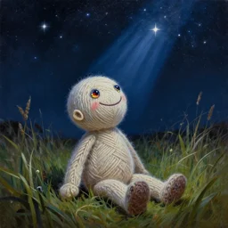 low angle shot of smiling bipedal yarn creature sitting in high grass looking up at the stars, beads for eyes, looking up at the stars. made of fuzzy yarn string. dark starry night. rays of blue moonlight. hyperrealistic, low angle shot, oil painting, highly detailed, intricate, art by greg rutkowski and tim hildebrandt and artgerm