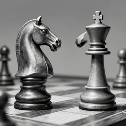 two chess pieces fighting, the knight and the bishop on a wood chess board , fantasy art, in the style of greg rutkowski, illustration, epic, fantasy, intricate, hyper detailed, artstation, concept art, smooth, black and white, sharp focus, ray tracing