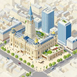 paris citysape with bars, restaurant, museum, terrace, offices, city scape in the style of pascal blanchet, isometric