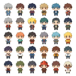 game asset sheet, material study, 2 d sprite, chibi actors and non - player character players