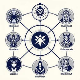 A complex flowchart that connects the relationships between the Illuminati, and the gods and devils of the Spirit World. Abstract iconography.
