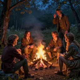 friends around campfire by hans zatzka and thomas kinkade and martin johnson heade and ( ( ( lisa frank ) ) ), art nouveau, 8 k, sharp focus, lighting study, octane render