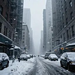 Street in post apocalyptic Manhattan new york after a Blizzard, snow Storm, dramatic lighting, cinematic, establishing shot, extremly high detail, photo realistic, cinematic lighting, post processed, concept art, artstation, matte painting, style by eddie mendoza, raphael lacoste, alex ross