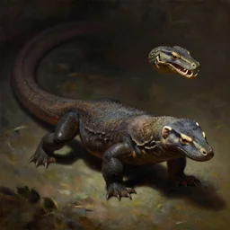 full bodyshot!! a cross between a komodo dragon and a giant ferret, with a vipers head, they possess six short legs and a jaw featuring multiple rows of teeth, sleek dark fur, their long tube like bodies keep them low to the ground, gorean sleen, dark fantasy, in the style of frank frazetta, oil painting, d & d, top teir artstation