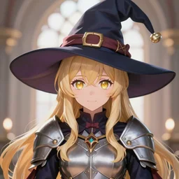 magical bombshell cute anime elf blonde girl battle mage armored witch hat symmetrical face. symmetrical detailed defined eyes. beautiful lineart. bokeh pixiv # 1 ranking depth focus, chromatic aberration, noise, soft lighting, srgb, 4 k, cinematic rembrant kuvshinov ross tran craig mullins leyendecker wlop guweiz