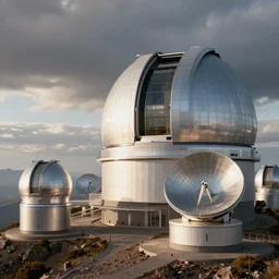 Highly realistic arch-viz render of concept art for an ultra-modern Spanish observatory of multiple telescopes scattered across the mountaintop