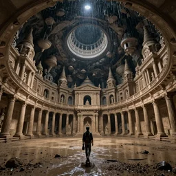 pov one man walking in a giant ancient ballroom neoclassical buildings, troglodyte temples in a deep spiral, high quality, mud, rain, by night, ultra wide lens, anamorphic, medieval style