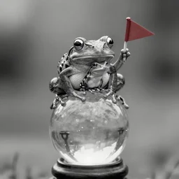 A big frog that has a small frog in its mouth, sitting on top of a backlit glass sphere. The small frog waves a small red flag. Monochrome, 24mm tilt-shift. Award-winning photo.