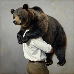 indigenous man carrying a bear, painted by lucian freud, hd, super detailed, realistic, muted colors