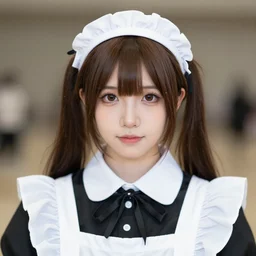 a symmetric and beautiful face, high definition photo of a cosplayer with twin tails, wearing maid uniform, photo taken with Sony a7R