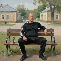 vin diesel in black adidas sport costume, as gopnik character, on a bench with a bottle of beer in the courtyard of a provincial russian town, oil on canvas, naturalism