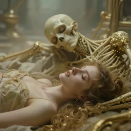 cinestill 5 0 d depht of gfield of a dreamy beautiful pre - raphaelite couple hypnos and thanatos in style of annie liebovitz - john watherhouse, sleeping in a dystopian environment, elegant, highly detailed, pale gold matt, soft blur, artstation, head in focus