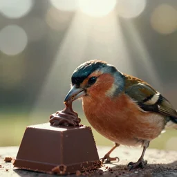 close - up of a moelleux au chocolat being eaten by a common chaffinch, sunny vibrant day, godrays coming from above, movie still, cinematic lighting, ray tracing, octane render, long lens, shallow depth of field, bokeh, anamorphic lens flare, 8 k, hyper detailed, 3 5 mm film grain