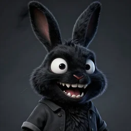A extremely highly detailed majestic hi-res beautiful, highly detailed head and shoulders portrait of a scary terrifying, horrifying, creepy black cartoon rabbit with scary big eyes, earing a shirt laughing, hey buddy, let's be friends, in the style of Walt Disney