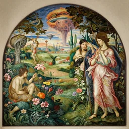mural depicting a lush floral oasis in a beautiful alien world, sci fi world, fantasy world, in the style of sandro botticelli, caravaggio, albrecth durer