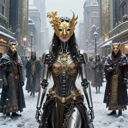 portrait of a cyborg on the art deco streets of the undying empire city of ya - sattra during the festival of masks, snow, winter, award - winning realistic sci - fi concept art by beksinski, bruegel, greg rutkowski, alphonse mucha, and yoshitaka amano