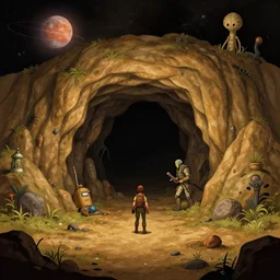 in front of a cave entrance, on an alien planet, from a space themed point and click 2 d graphic adventure game, set design inspired slightly by hg giger and tomb raider, art inspired by thomas kinkade and william alexander