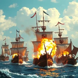 pirate battle in the ocean, explosions on the ships, fire on the ships, realistic, detailed