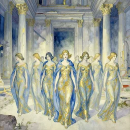 procession of women in a blue and gold haunted liminal abandoned temple, watercolor by gottfried helnwein, by hammershøi, art noveau, highly detailed, lights by edward hopper, liminal, eerie, bright pastel colors