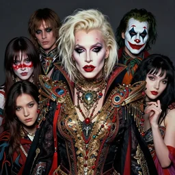 photorealistic portrait of marilyn manson wearing intricate shao khan costume, bizarre voodoo makeup, clown makeup, by amano, karol bak, greg rutkowski, and akira toriyama, tonalism, hyperrealistic, artgerm, masterpiece.