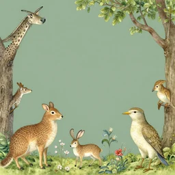 fauna border design, smooth style, illustrated by peggy fortnum and beatrix potter and sir john tenniel