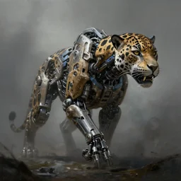 beautiful painting by jeremy mann, a mechanical jaguar creature of horizon forbidden west horizon zero dawn, concept art, fantasy, desaturated, ominous, unsettling, sharp focus, octopath traveler, unreal engine highly rendered, global illumination, dramatic lighting, misty