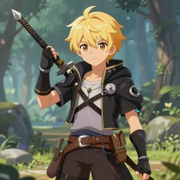 A blonde boy thief in a fantasy setting, fantasy anime art style