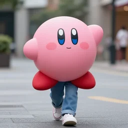 photo of kirby from nintendo in casual clothes, pink kirby walking, kirby walking down the street in casual clothes, he looks cool