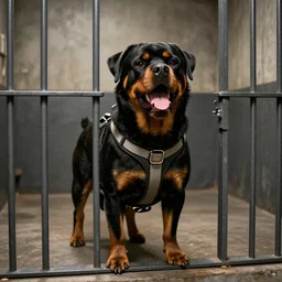 anthropomorphic snarling rottweiler wearing a straightjacket in a prison cell, foaming, bars, thomas kinkade
