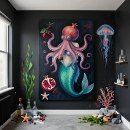 a dark apartment with black walls, portrait of a mermaid holding an octopus, berries dripping juice, pomegranate, jellyfish, seaweed, berries, trash, starfish, coral, rocks, seaweed, empty pet bottles, scientific glassware, neo - expressionism, surrealism, acrylic and spray paint and oilstick on canvas