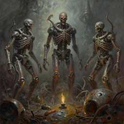 oil paint of 1 1 horrifying machines as autolysis idols abandoned in chem pit, by wayne d barlowe, boris vallejo, stefano tamburini, torch light, muted colors, epic, hyper detailed, awe inspiring, award winning horror, hyper realism, cinematic