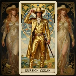 a dramatic ethereal epic symmetrical painting of a handsome caucasian cowboy in a gold outfit | tarot card, art deco, art nouveau,  (steampunk), homoerotic, realistic | by Dresden Codak, by Mark Maggiori and ((((Alphonse Mucha))) | trending on artstation
