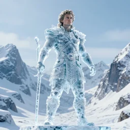 photography of a hyper realistic crystal clear ice statue of tom holland as a viking warrior god. stuning, intricate, complexe. snowy mountains dream landscape. professional digital art, unreal engine 5