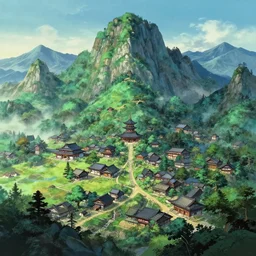 a powerful japanese village high in mountains, concept art by moebius and laurie greasley, fantastic landscape, 8 k, cinematic color grading