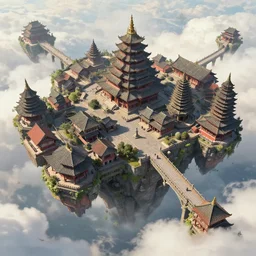 floating Temples and buildings on clouds, connected by stone bridges. Bird's eye view showing the rooftops and streets. Detailed, realistic, digital matte painting.