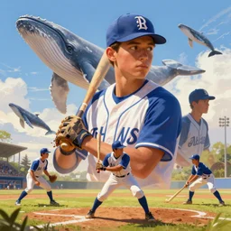 people playing baseball while whales fly in the sky, digital art, artstation trending, digital painting