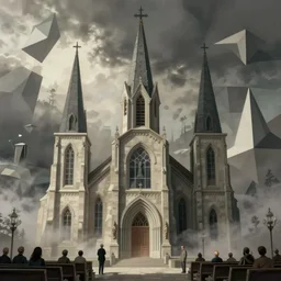 detailed ultra - realistic graphic novel illustration of a dystopian church scene by edward hopper and gregory crewdson, cinematic, muted colors, cinematic fog, full shot, george adult, carel willink, mc escher, norman rockwell